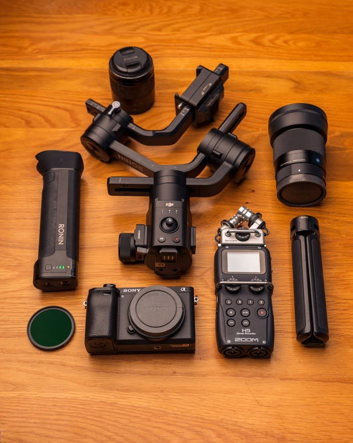 Blogger Equipment on Wooden Table